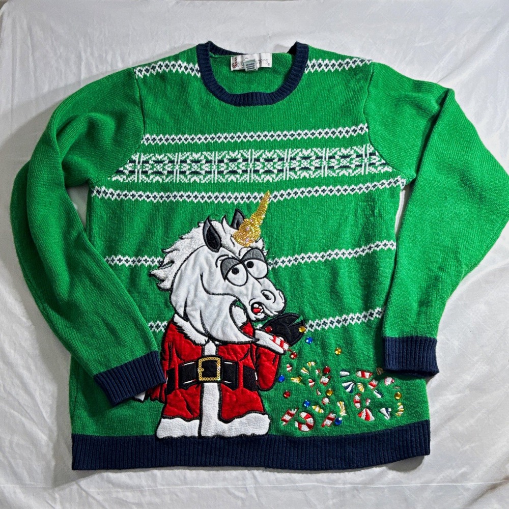 Jolly Sweaters Mens Green Acrylic Crew Neck Unicorn Christmas Sweater L RH13352